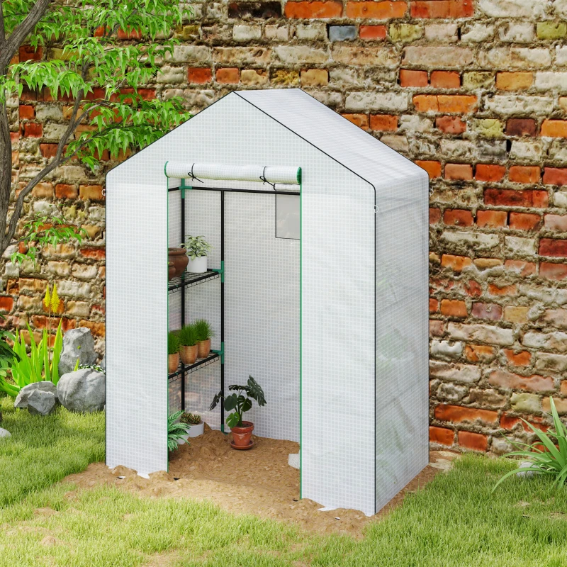Outsunny Estufa de Jardim Pequena de 3 Níveis com 6 Prateleiras Porta Enrolável e Capa de PE 143x74x190 cm Branco