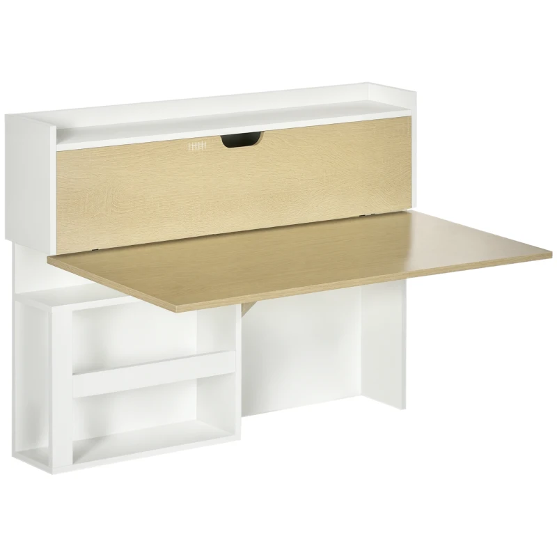 HOMCOM Bureau pliable mural avec étagères de rangement et placard, bureau rabattable, 100 x 18 x 74 cm effet bois naturel(m-10)