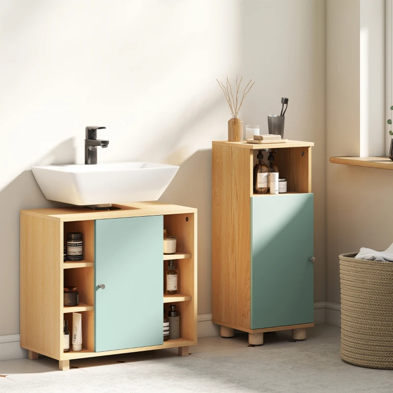 HOMCOM Mueble bajo lavabo, mueble de baño con 6 estantes abiertos y puerta de cierre suave 60 x 33 x 57 cm, verde