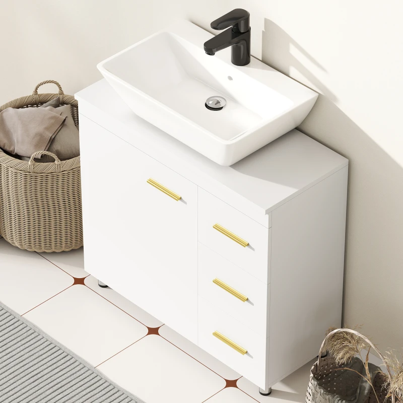 HOMCOM Badezimmer-Unterschrank, 3-stufiges Design, MDF, Spanplatte, Weiß(m-7)
