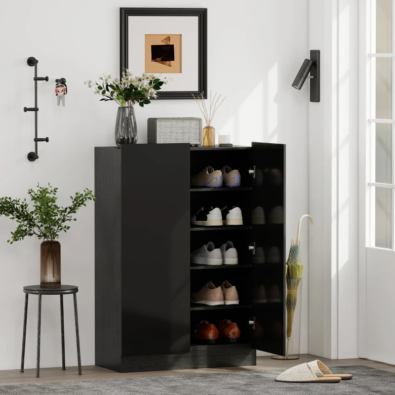 HOMCOM Portascarpe Ingresso con 2 Ante con Chiusura Soft e Ripiani Regolabili per 20 Paia di Scarpe Nero Lucido