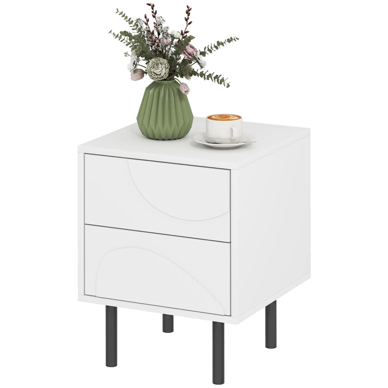 HOMCOM Table de chevet étroite, table d'appoint avec 2 tiroirs à ouverture par pression, pieds en acier, 40 x 40 x 50 cm, blanc