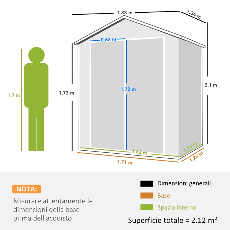 Outsunny Casetta da Giardino con Finestra e Doppia Porta PP e Alluminio, 183x134x210 cm, Grigio