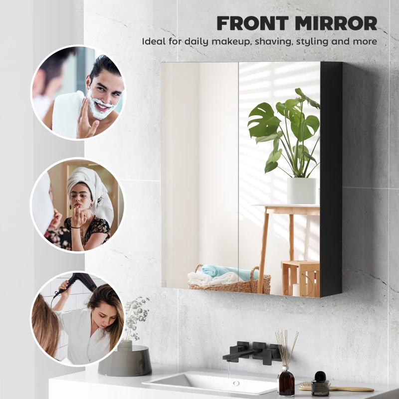 HOMCOM Dulap Suspendat de Baie cu 2 Uși cu Oglindă și 2 Rafturi Interne 60x15x75cm, Negru