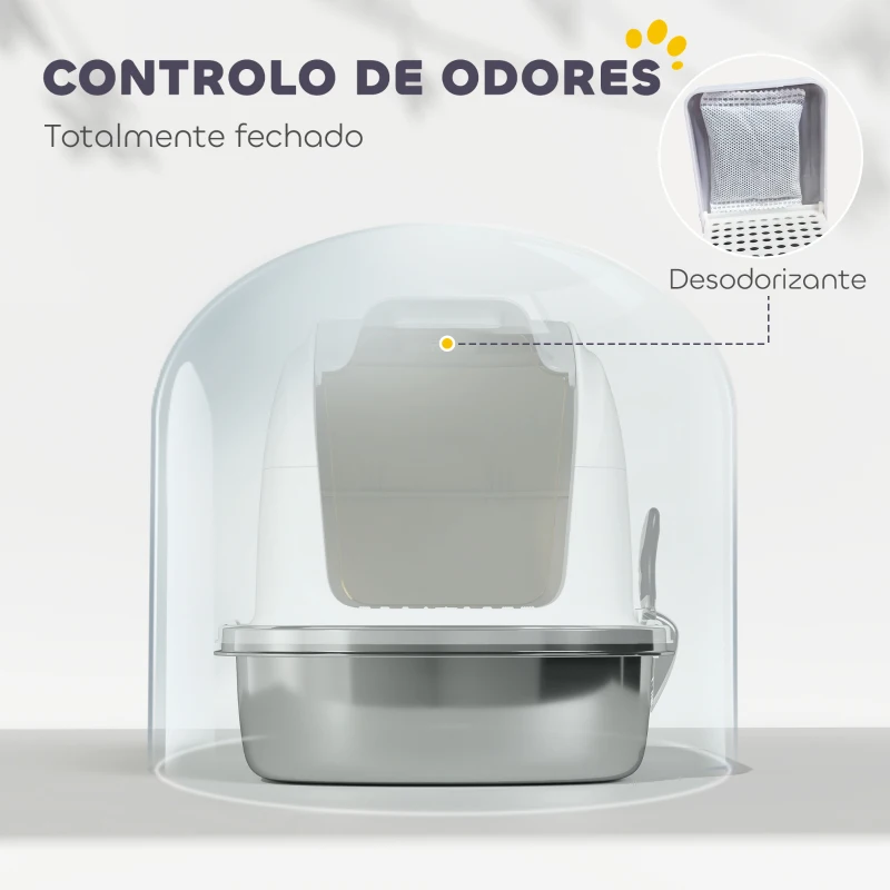 PawHut Caixa de Areia para Gatos em Aço Inoxidável XL com Tampa Abatível Laterais Altas Entrada Superior e Pá 52,4x41,3x42 cm Branco