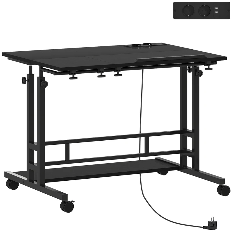 HOMCOM Secretária Elevatória com Rodas Tomadas e Entrada USB Altura Ajustável e Painel Central Inclinado 80x60x59,5-95 cm Preto