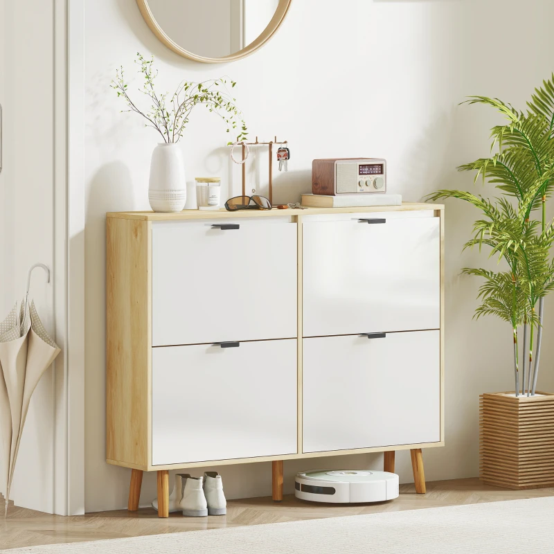 HOMCOM Sapateira Estreita com 4 Portas em Branco Brilho Prateleiras Ajustáveis Pernas de Madeira para 20 Pares de Sapatos 105x24x92,5 cm