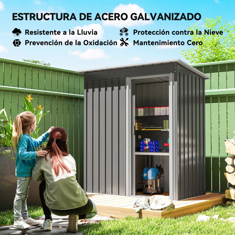 Outsunny Caseta de Jardín Exterior 1,16 m² 163x89x182 cm Cobertizo Metálica con Puerta Corredera y Techo Inclinado Gris