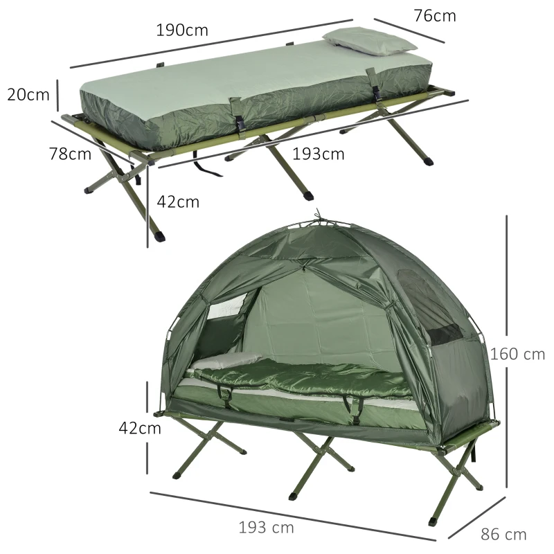 4 en 1 tente surélevée avec lit de camping pliable +sac de couchage +matelas pneumatique+pompe