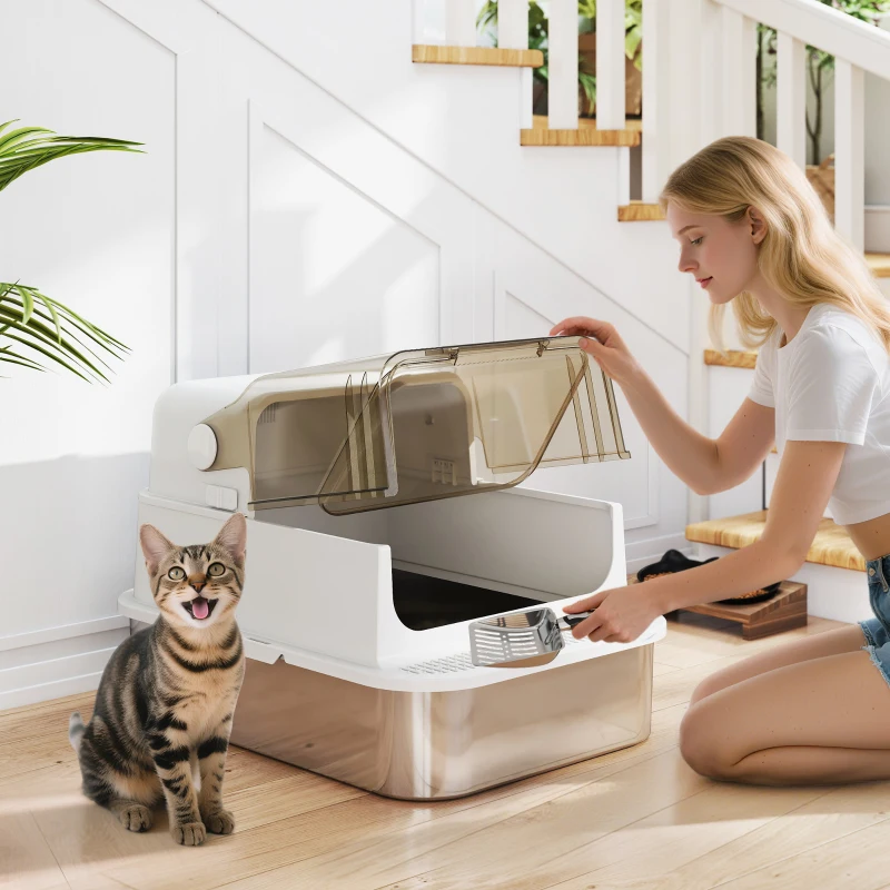 PawHut Bac à litière pour chat fermé en acier inoxydable, maison de toilette pour chat avec pelle, 70 x 50 x 46,5 cm, blanc