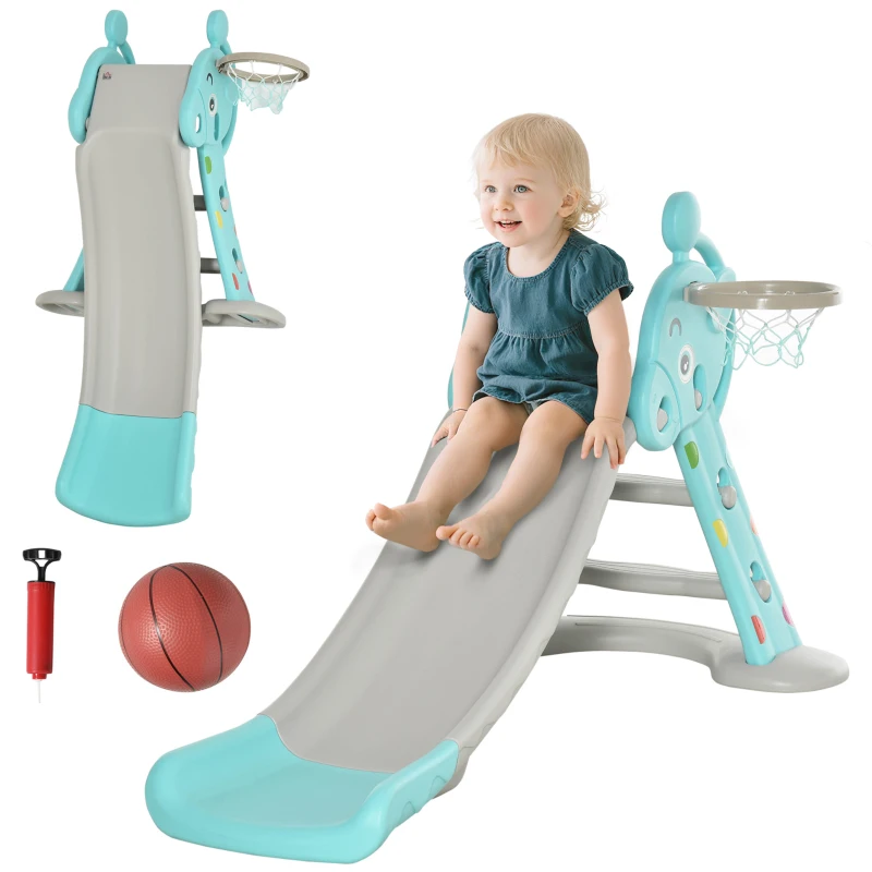 HOMCOM Tobogán para Niños +18 Meses Plegable 2 en 1 con Canasta de Baloncesto Modelo Jirafa Juguete Infantil para Interiores y Exteriores 140x87x85,5 cm Azul y Gris
