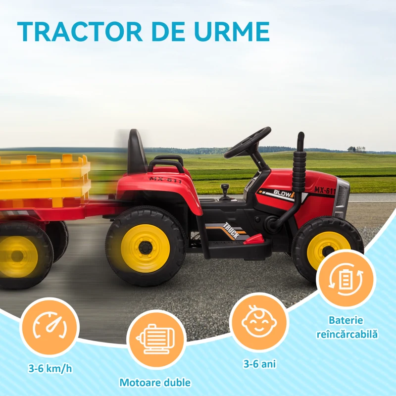 HOMCOM Tractor Electric Copii – 12 V cu Remorca, Muzica & Telecomanda(m-8)