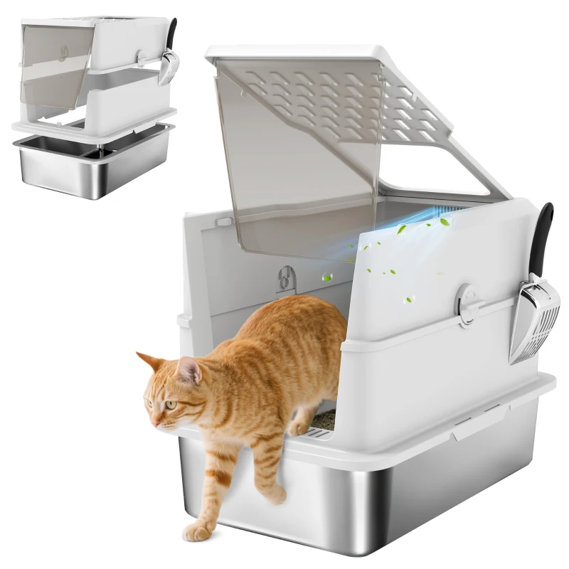 PawHut Bandeja de arena para gatos cerrada, casa de baño para gatos de acero inoxidable, 60,2 x 40,2 x 43,7 cm, gris claro