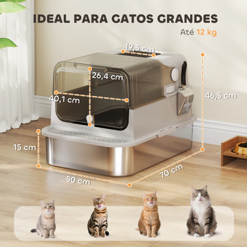 PawHut Caixa de Areia para Gatos em Aço Inoxidável para Gatos Grandes com Tampa Basculante Laterais Altas 70x50x46,5 cm Cinzento