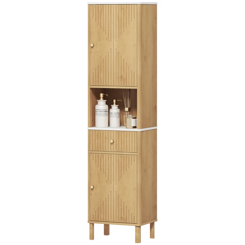 HOMCOM Badezimmerschrank mit Schublade, 2 Schränken und verstellbaren Regalen, Marmoreffekt-Regal, 41,5x30x168 cm, Eiche