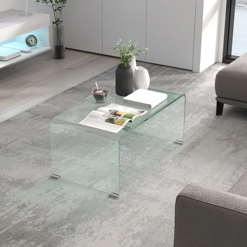 HOMCOM Table basse en verre table de salon rectangulaire design moderne en verre trempé avec bords arrondis sûrs transparent