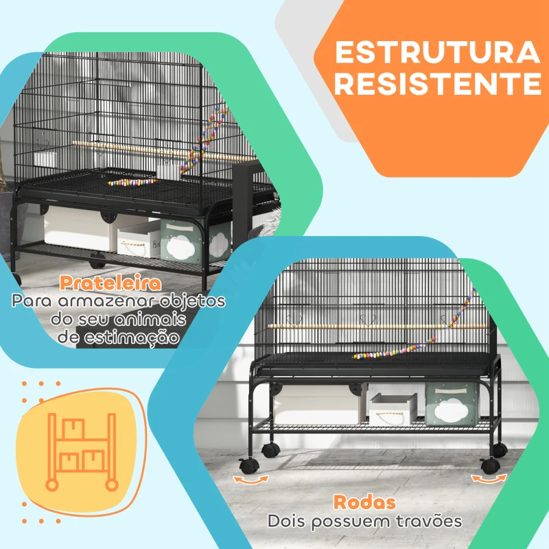PawHut Gaiola para Pássaros com Rodas Comedouros Poleiros Prateleira Inferior Bandeja Removível 97x58x160 cm Preto