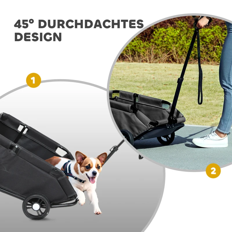 PawHut hondenwagen, inklapbare hondenbuggy voor dwerghonden tot 4 kg, opvouwbare kattenbuggy met duwstang, wasbaar kussen, veiligheidslijnen, opbergzak, 4 wielen, Zwart(m-6)