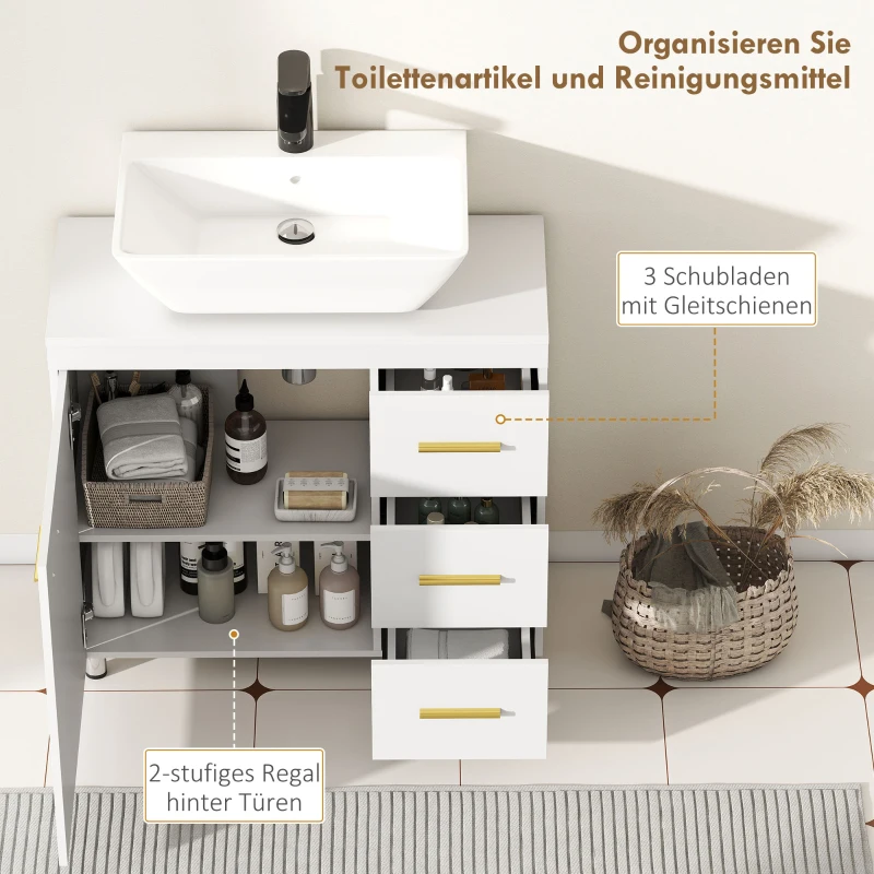 HOMCOM Badezimmer-Unterschrank, 3-stufiges Design, MDF, Spanplatte, Weiß(m-6)