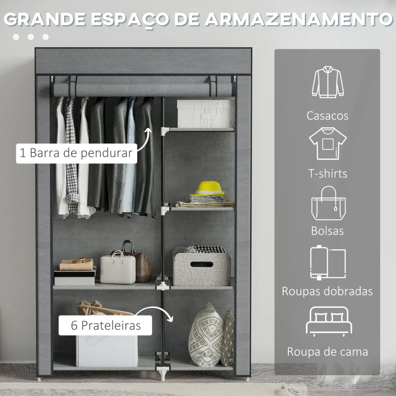 HOMCOM Roupeiro de Tecido Dobrável com 6 Prateleiras e 1 Barra de Pendurar para Dormitório Vestidor 103x43x162,5 cm Cinzento