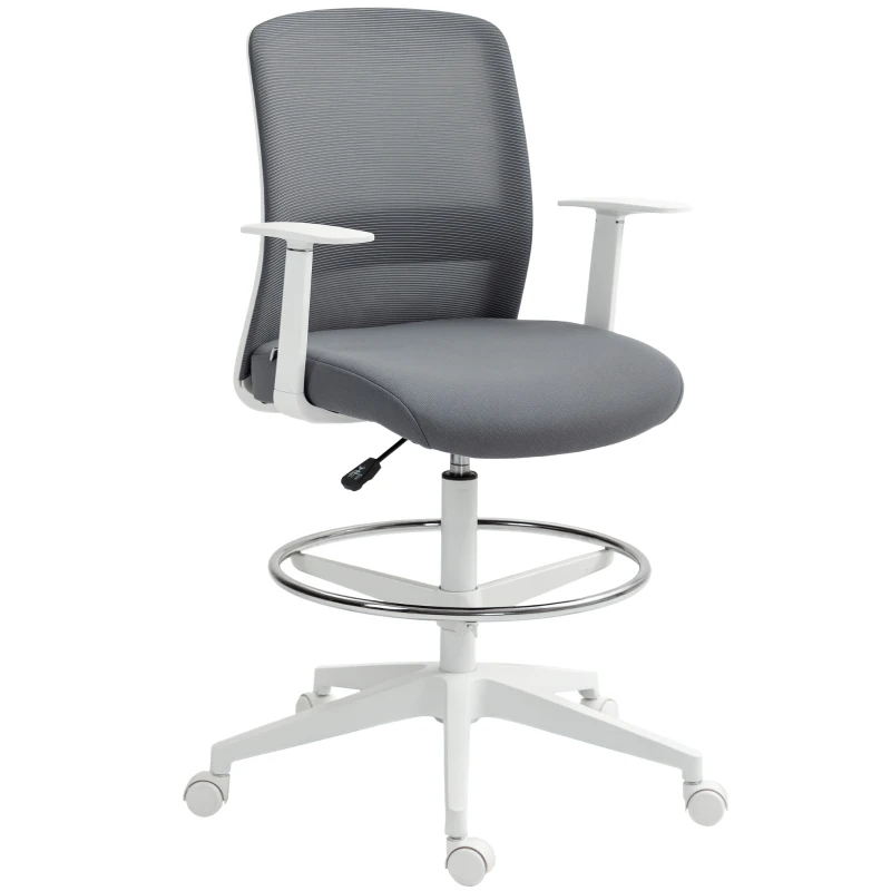 HOMCOM Chaise de Dessin Pivotante en Maille avec Repose-Pieds Support Lombaire Dossier et Hauteur Ajustable 61,5x57,5x107-121 cm Gris