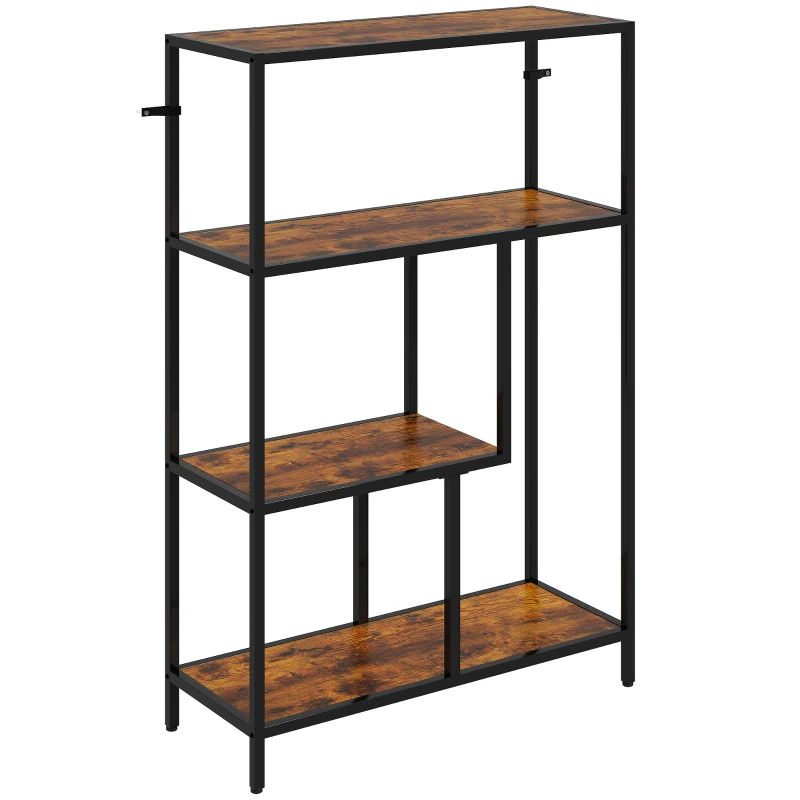 HOMCOM Bibliotecă cu 4 Rafturi, Stil Industrial, Lemn și Metal, 77x30x116cm, Maro
