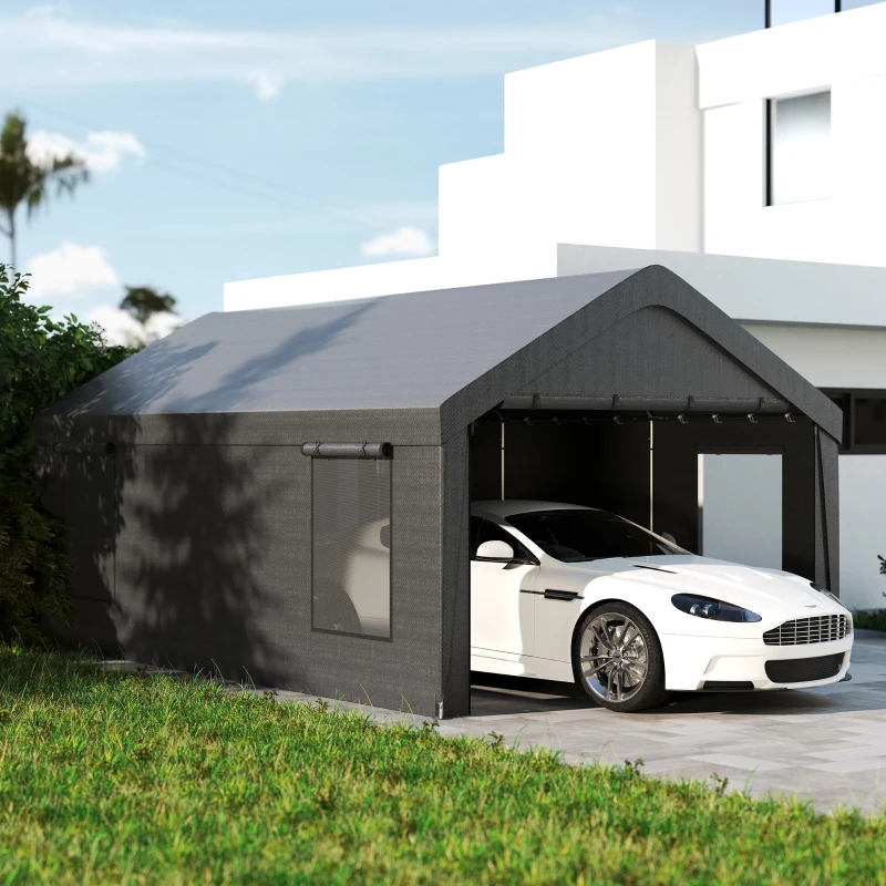 Outsunny Tenda Garagem Tenda para Carro 6x3,6 m Impermeável com Tecido PE Resistente Estrutura de Aço Paredes Removíveis Cinzento Escuro