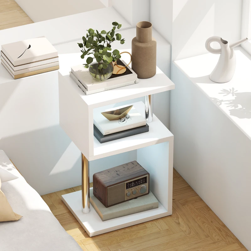 HOMCOM Table d'Appoint avec Lumière LED de 3 Niveaux avec Etagères et Structure en Aluminium pour Salon Chambre à Coucher 44x38x75 cm Blanc