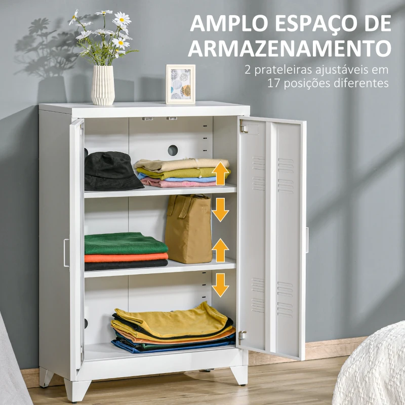 HOMCOM Armário de Metal de Armazenamento com Dupla Porta 2 Prateleiras com Altura Ajustável Armário para Escritório 75x33x110 cm Branco