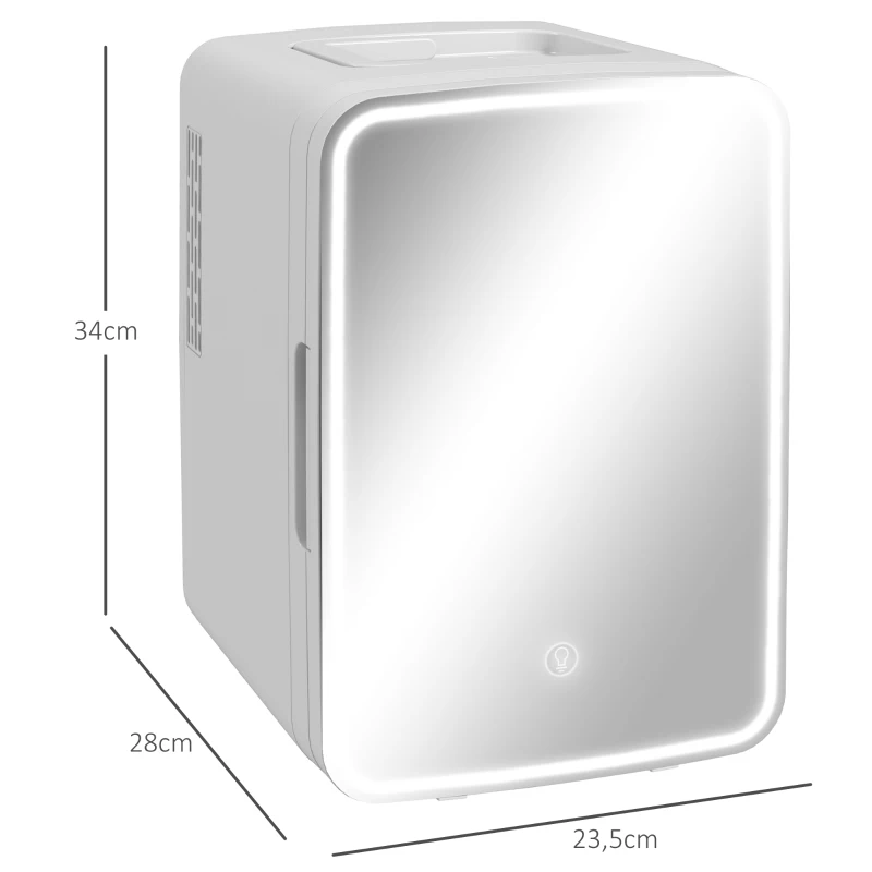 HOMCOM Mini Frigorífico para Cosméticos 10L 12V/240V para Arrefecer e Aquecer com Espelho de Luzes LED  23,5x28x34 cm Branco