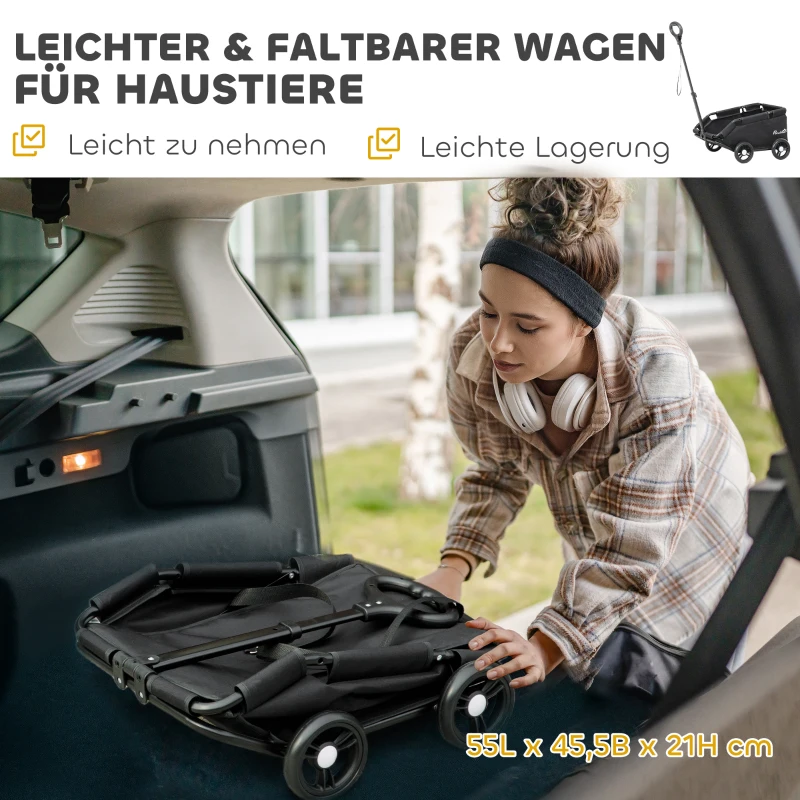 PawHut hondenwagen, inklapbare hondenbuggy voor dwerghonden tot 4 kg, opvouwbare kattenbuggy met duwstang, wasbaar kussen, veiligheidslijnen, opbergzak, 4 wielen, Zwart(m-4)