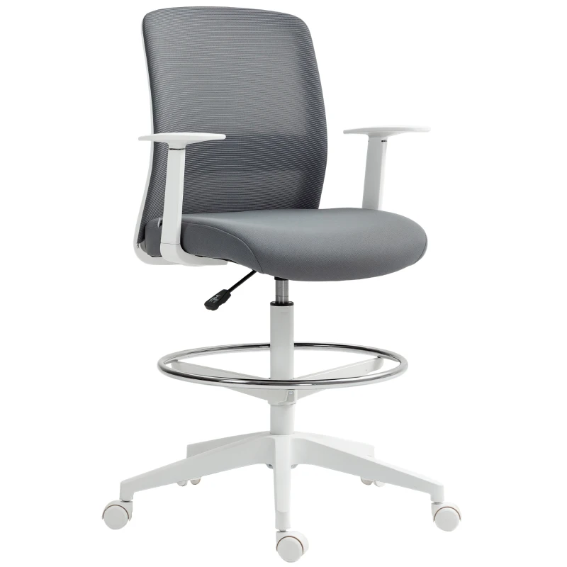 HOMCOM Silla de Dibujo Giratoria de Malla con Reposapiés Soporte Lumbar Respaldo y Altura Ajustable 61,5x57,5x107-121 cm Gris