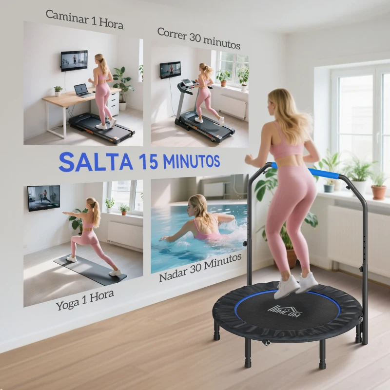 HOMCOM Cama Elástica Plegable Ø114 cm con Mango Ajustable Marco de Acero para Entrenamiento Piernas Cuerpo Azul y Negro