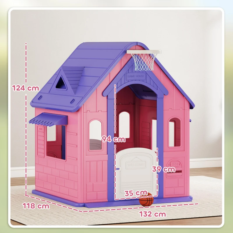 AIYAPLAY Casa de Jogos para Criaanças com Lançamento de Aros e Cesta de Basquetebol 132x118x124 cm Rosa e Roxo