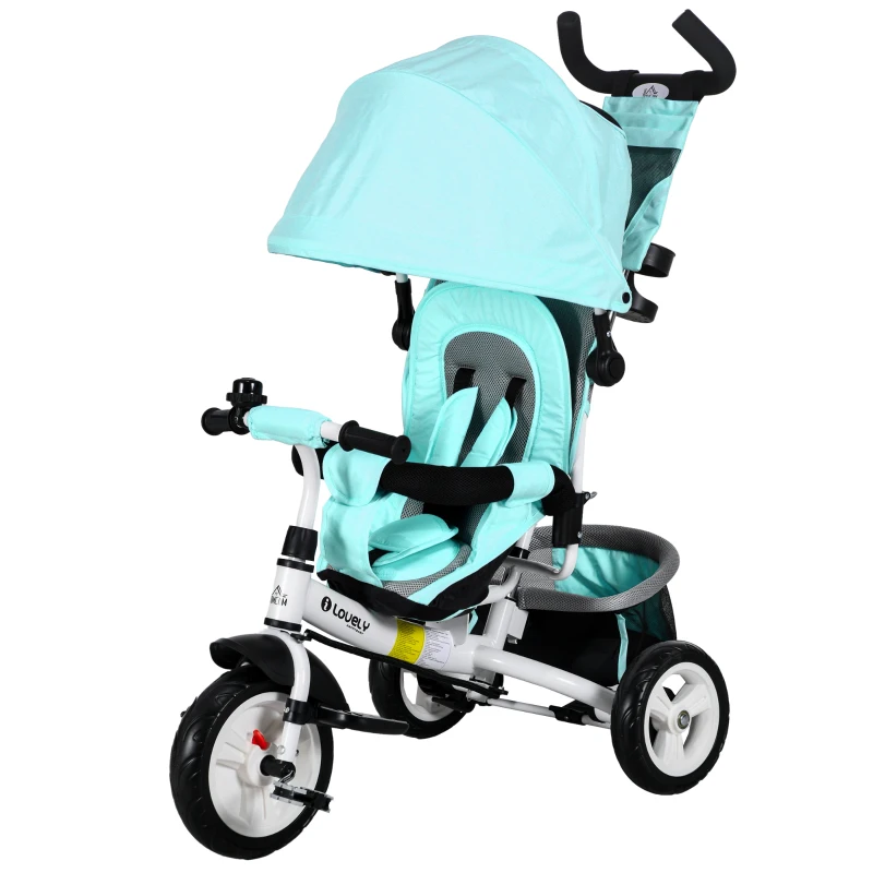 HOMCOM Triciclo para Bebés 2 em 1 de +12 Meses com Capota Dobrável Guiador Telescópico e Removível Bolsa e Porta-Garrafas Verde Água
