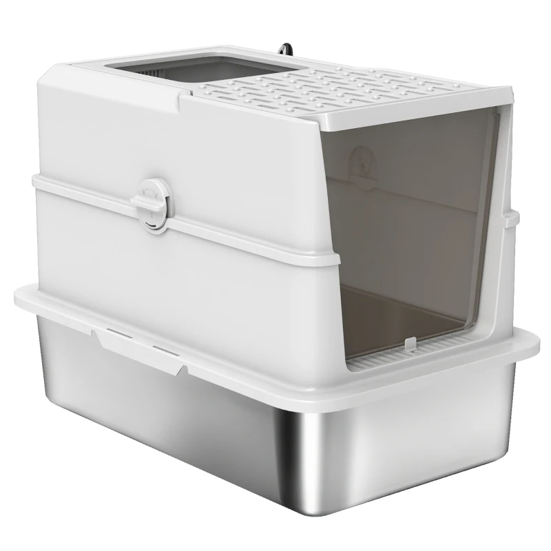 PawHut Bac à litière pour chat fermé, maison de toilette pour chat en acier inoxydable, 60,2 x 40,2 x 43,7 cm, gris clair