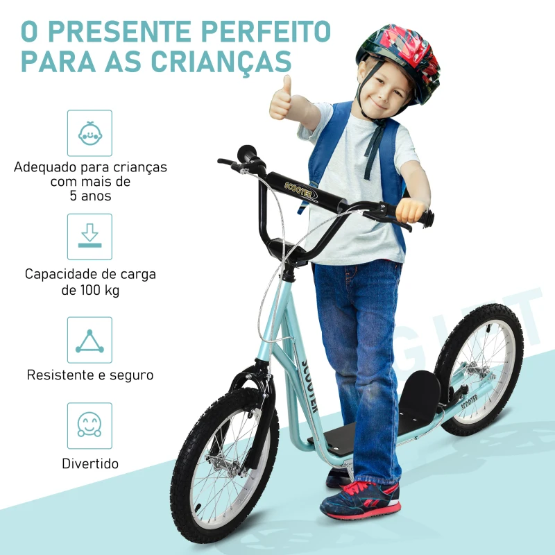 HOMCOM Trotinete com Guiador Ajustável 2 Pneus de Borracha Insufláveis com Travagem Dupla e Rodas 16" 139x58x90-96 cm Azul