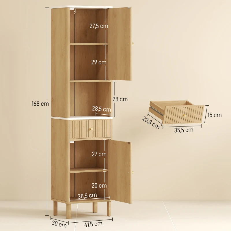 HOMCOM Columna de Baño con Cajón, 2 Armarios y Estantes Ajustables, Estante Efecto Mármol, 41.5x30x168 cm, Roble