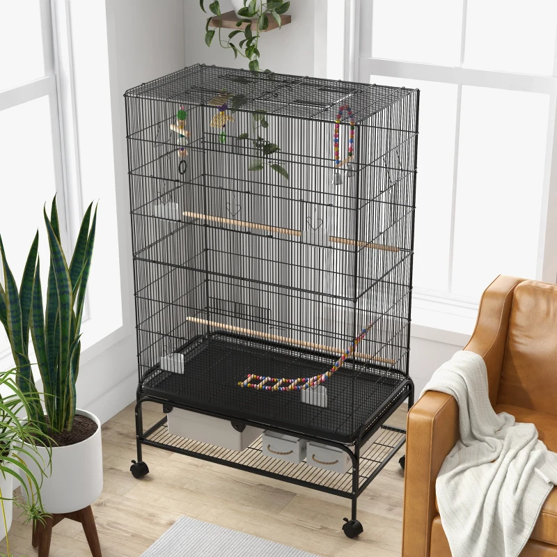 PawHut Gaiola para Pássaros com Rodas Comedouros Poleiros Prateleira Inferior Bandeja Removível 97x58x160 cm Preto