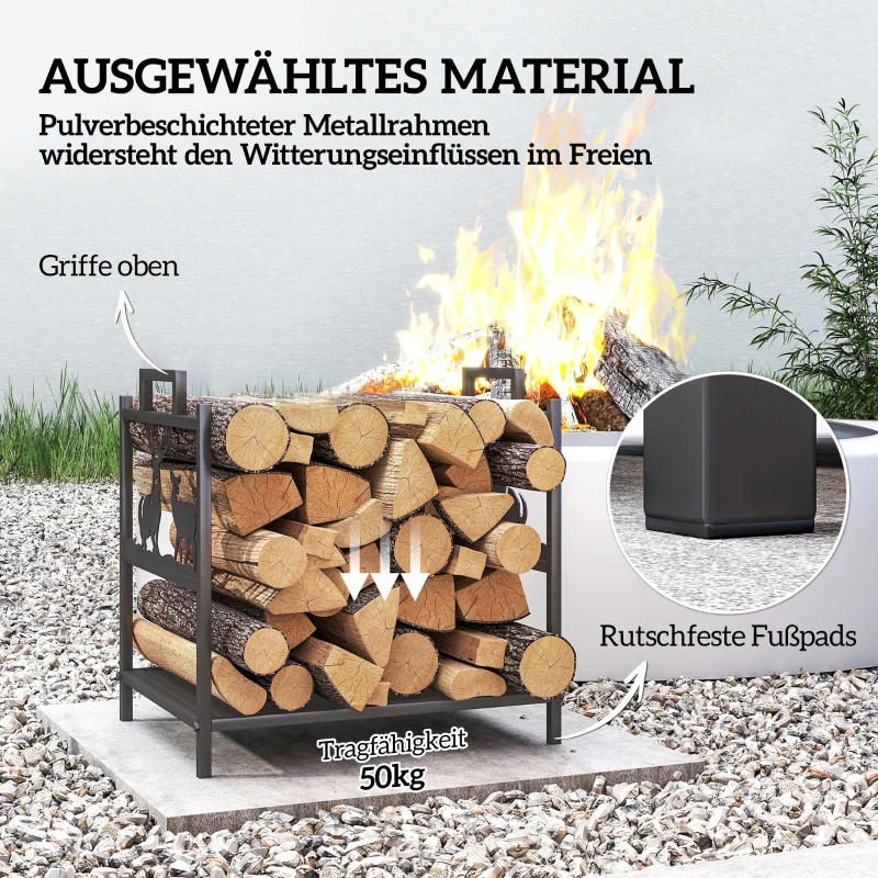 Outsunny Kaminholzregal für innen 42,5 x 33,5 x 43 cm Brennholzregal für Kamin Ofen aus Metall Schwarz