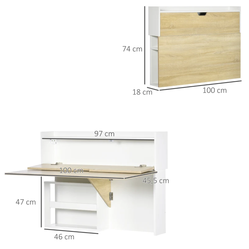 HOMCOM Bureau pliable mural avec étagères de rangement et placard, bureau rabattable, 100 x 18 x 74 cm effet bois naturel(m-3)