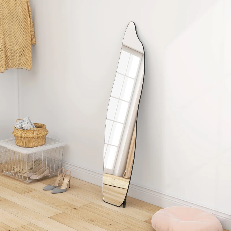 HOMCOM Specchio da Terra a Figura Intera senza Cornice con Forma Irregolare e Supporto 40x4x160 cm Nero e Argento