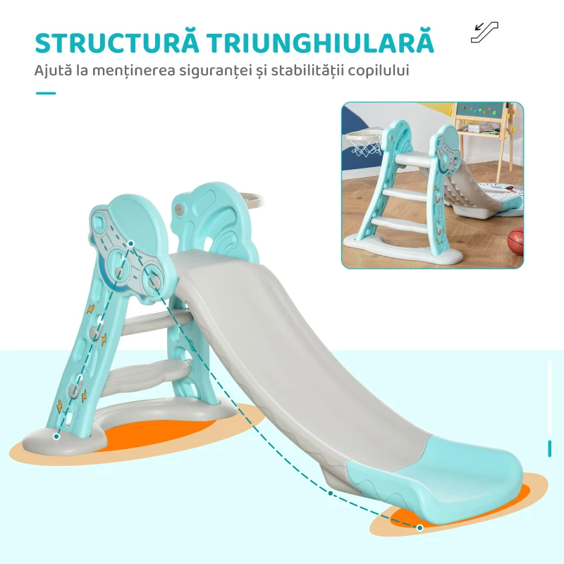 HOMCOM Tobogan pentru Copii, Pliabil cu 3 Trepte și Coș de Baschet, 140x87x75 cm, Albastru