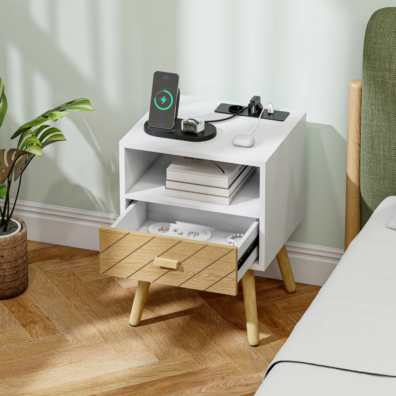 HOMCOM Mesa de Cabeceira com Estação de Carregamento Gaveta 2 Tomadas AC Porta USB e Tipo-C  40x35x54,7 cm Branco