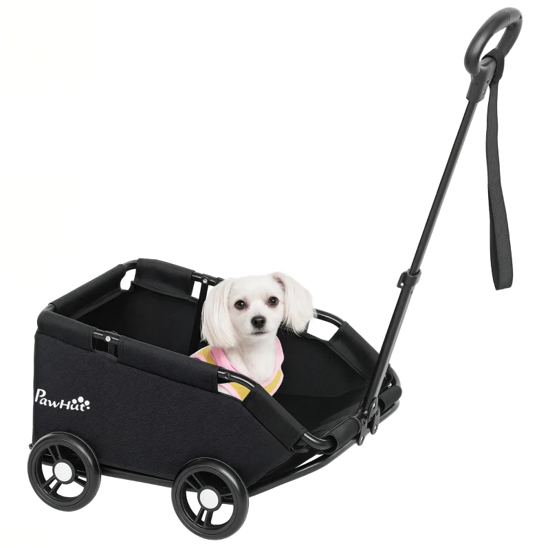 PawHut hondenwagen, inklapbare hondenbuggy voor dwerghonden tot 4 kg, opvouwbare kattenbuggy met duwstang, wasbaar kussen, veiligheidslijnen, opbergzak, 4 wielen, Zwart(m-11)