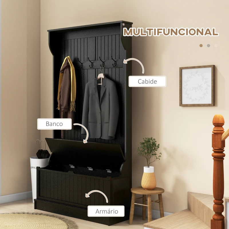 HOMCOM Móvel Cabide de Entrada com Banco Armário de Entrada com Cabide 5 Ganchos e Espaço de Armazenamento 96x34x179,7 cm Preto