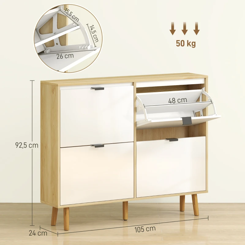 HOMCOM Sapateira Estreita com 4 Portas em Branco Brilho Prateleiras Ajustáveis Pernas de Madeira para 20 Pares de Sapatos 105x24x92,5 cm