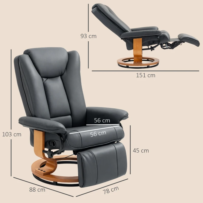 HOMCOM Sillón reclinable con función de inclinación, giratorio, hasta 150 kg, revestimiento de cuero artificial, marco de acero, Gris oscuro