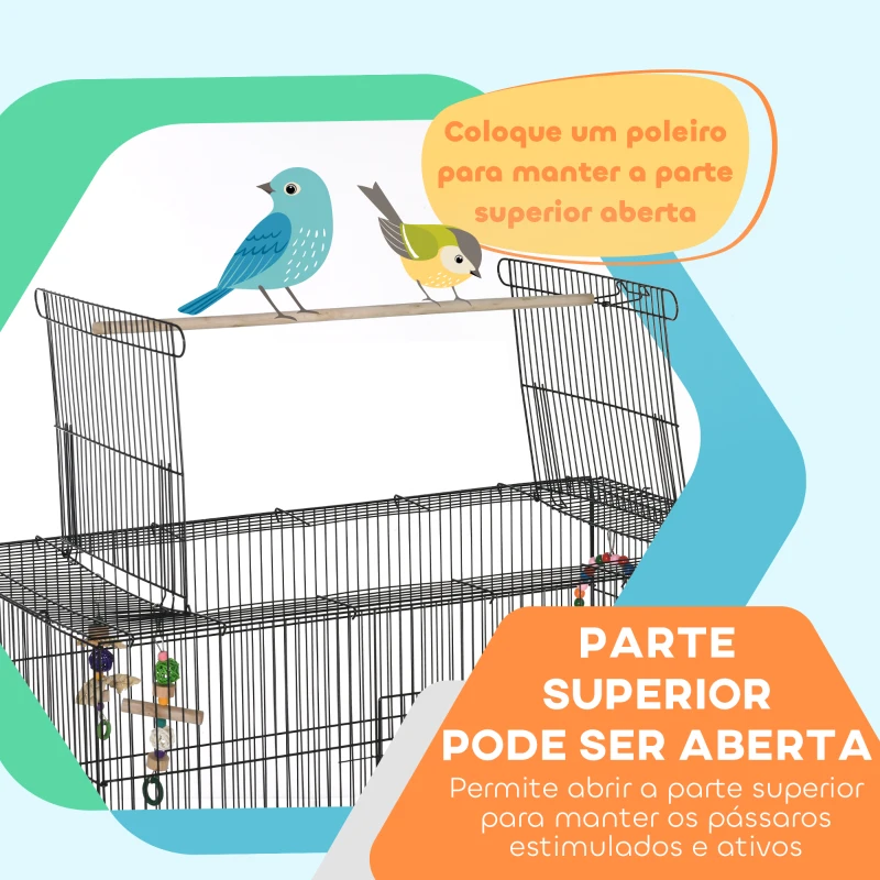 PawHut Gaiola para Pássaros com Rodas Comedouros Poleiros Prateleira Inferior Bandeja Removível 97x58x160 cm Preto