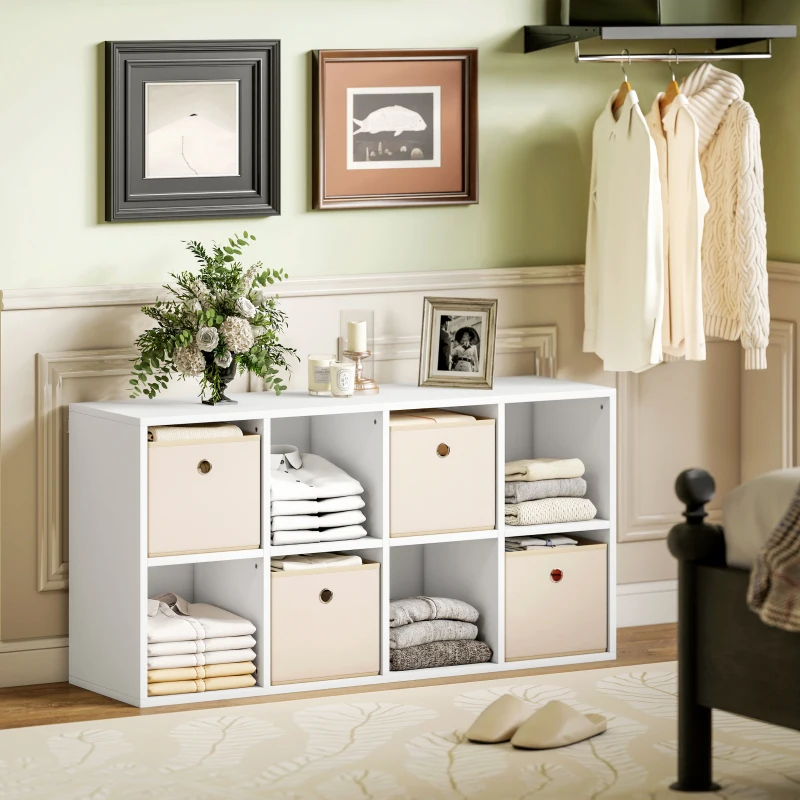 HOMCOM Libreria a Cubi con 8 Comparti e 4 Cassetti di Tessuto, 105,9x30x53,7 cm, Bianco e Beige